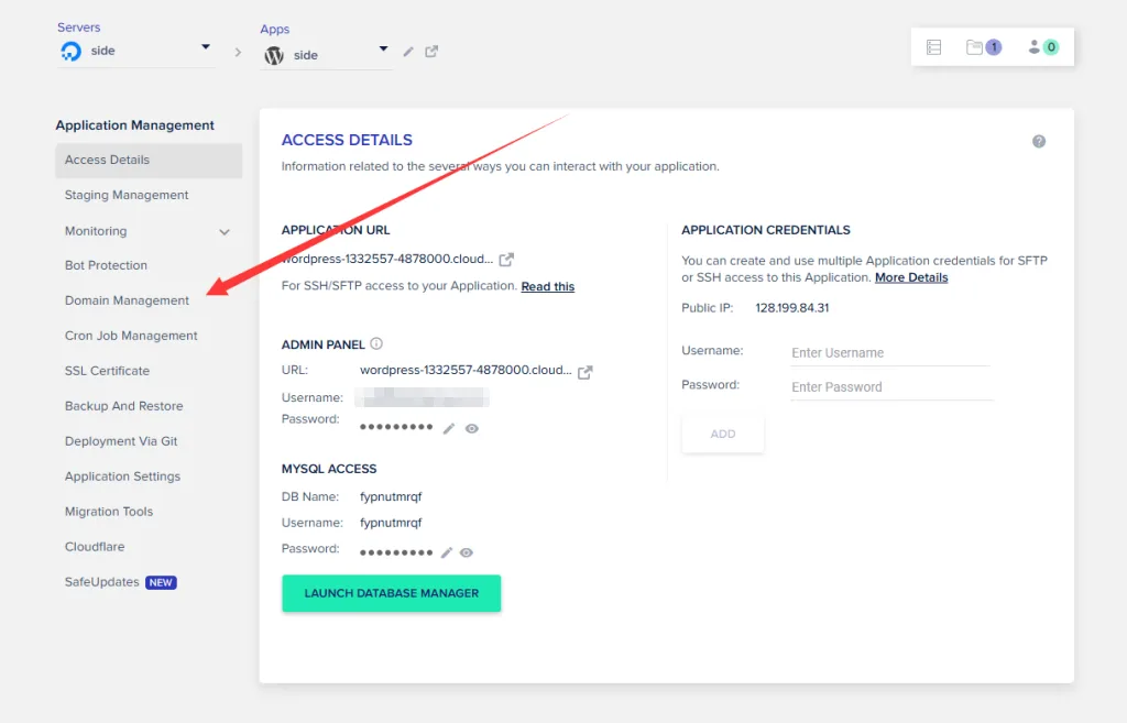 回到Cloudways主機選擇DOMAIN MANAGEMENT Cloudways主機設置-Cloudways主機臨時網址改正式網址