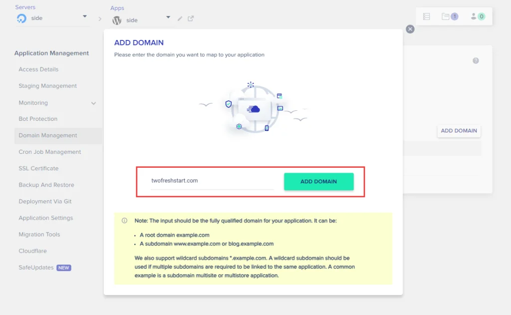 在Cloudways主機設定網址後點擊ADD DOMAIN Cloudways主機設置-點擊ADD DOMAIN